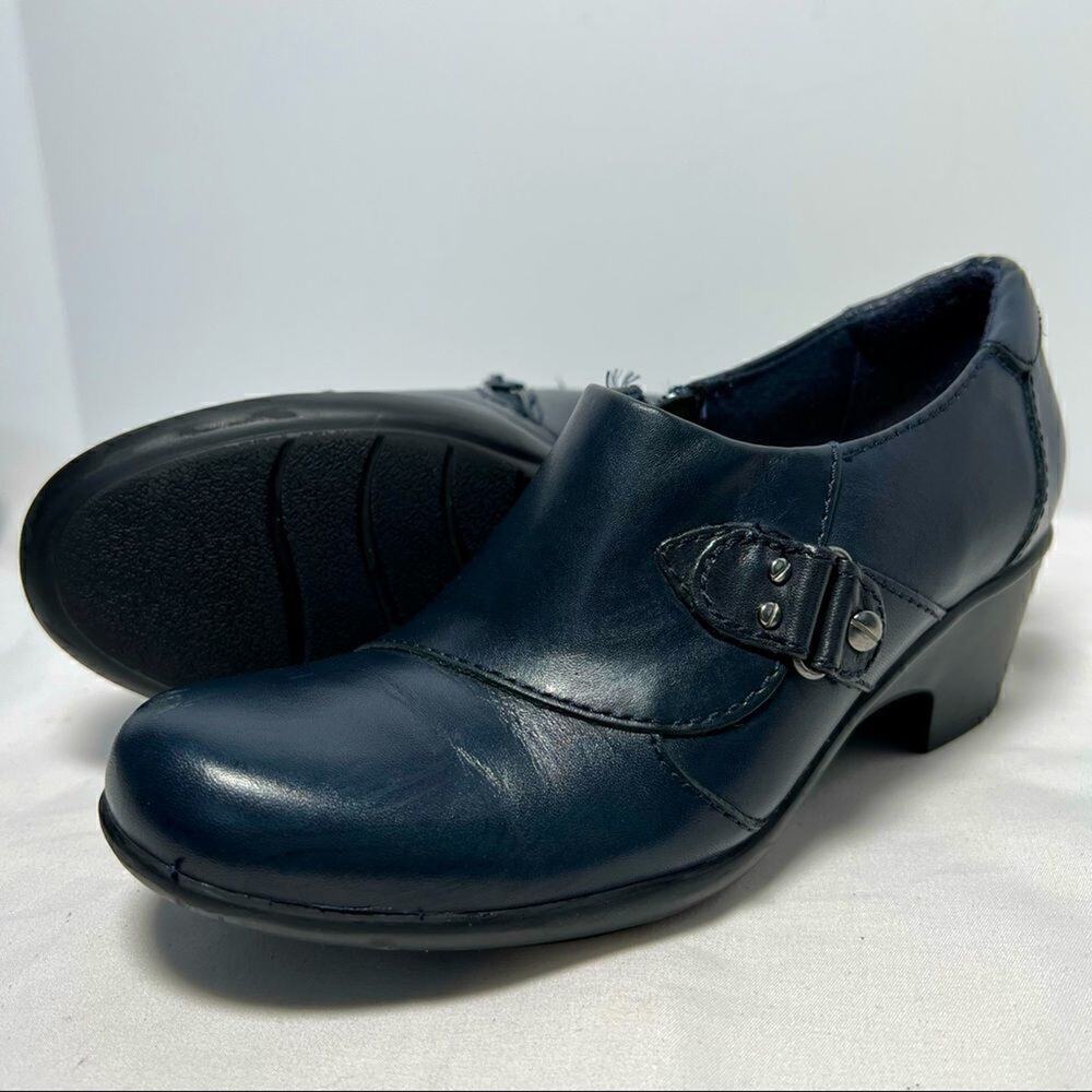 Clarks Collection Genette Harper Leather Ankle Heel Shooties Navy Blue Women 5.5